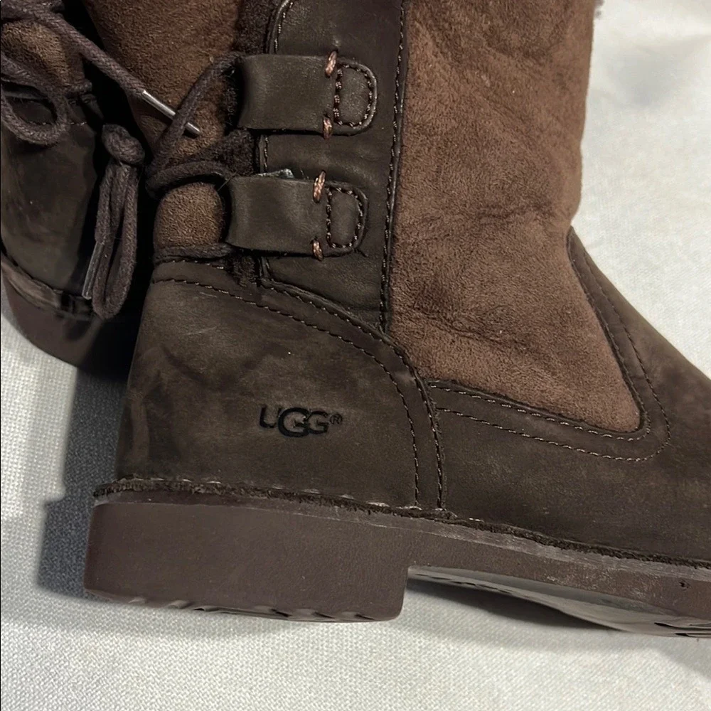 UGG Brown‎ Leather Suede Shearling Back Tie Mid Calf Boots Womens 7 1005430